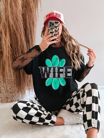 Black Turquoise Wife T-shirt with WIFE lettering and turquoise-inspired stone accents.