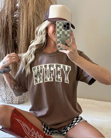 Brown Comfort Colors Wifey Camo T-shirt with large camouflage WIFEY lettering.